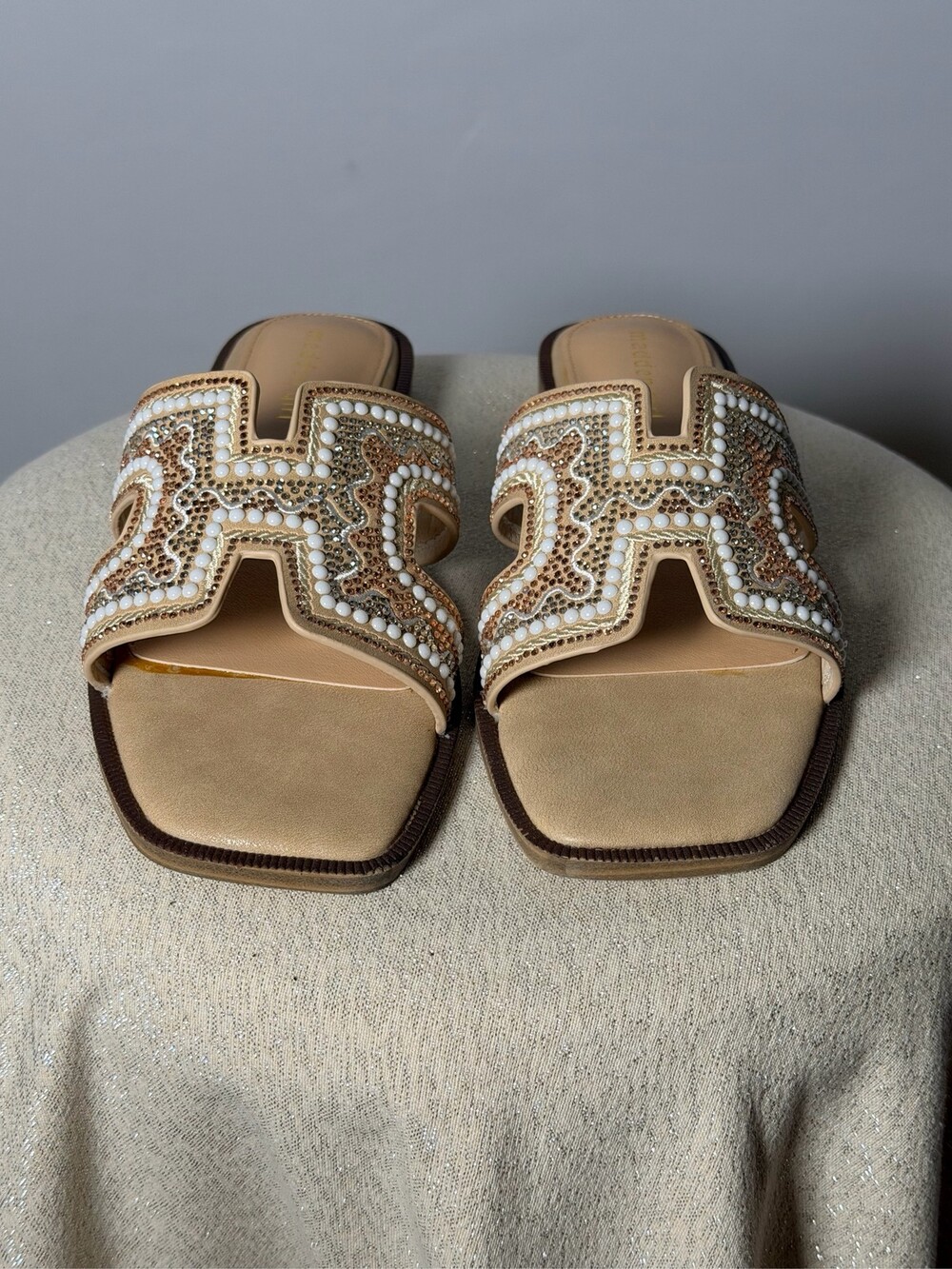Madden Girl Tan H-Band Slide Sandals Pearl Rhinestone Embellished Flat